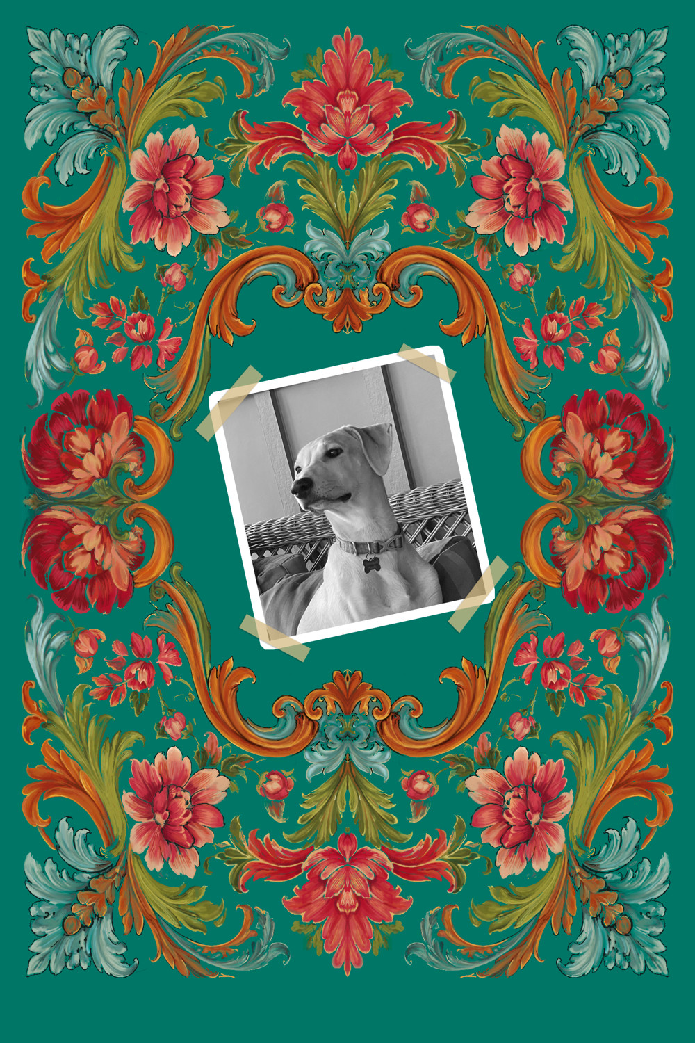 Fetching Love cover artwork, a painted Regency floral frame with a snapshot of a dog taped into the centre
